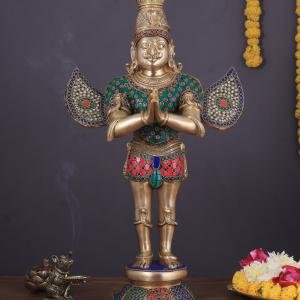 Brass Standing Garuda with Meenakari | 22" x 13" x 7" (55.9 x 33 x 17.8 cm) | 12.5 kg Sacred Art | Divine Vehicle Murti